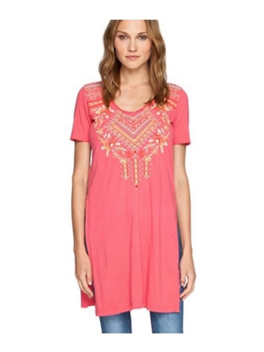 Johnny Was Coral Embroidered Tunic Top